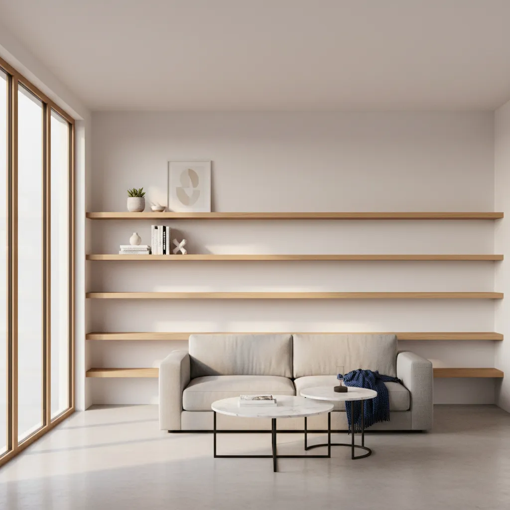 wall mounted shelving system in small living room