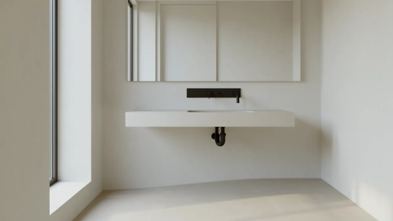 Modern wall mounted sink in a compact bathroom showing open floor space