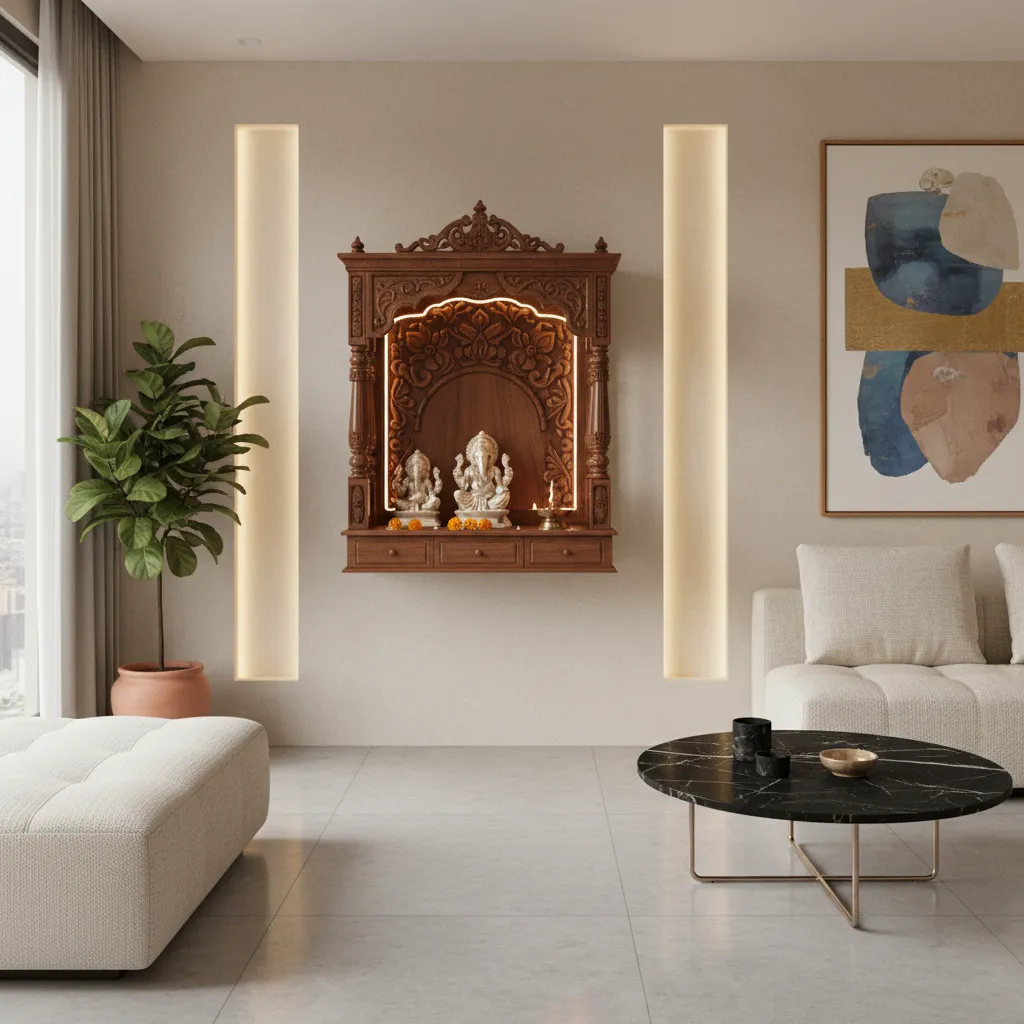 wall mounted wooden pooja mandir in modern apartment living room