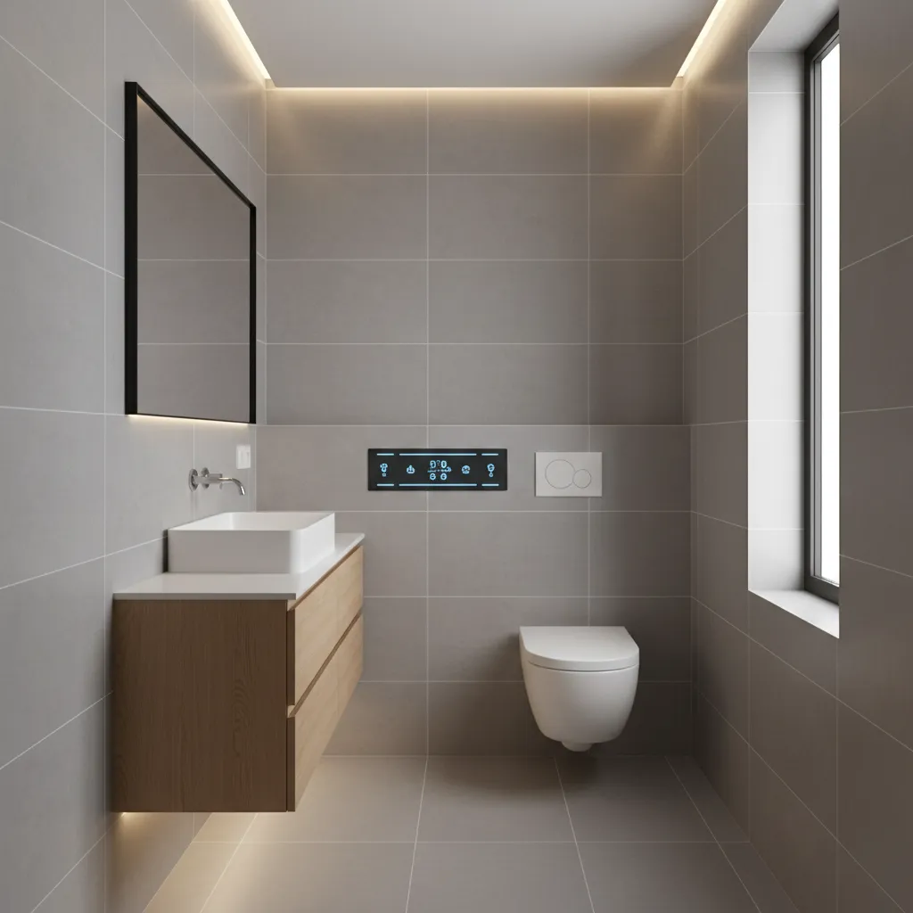 Modern grey bathroom with wood cabinet, white sink, wall toilet, smart control panel, and window