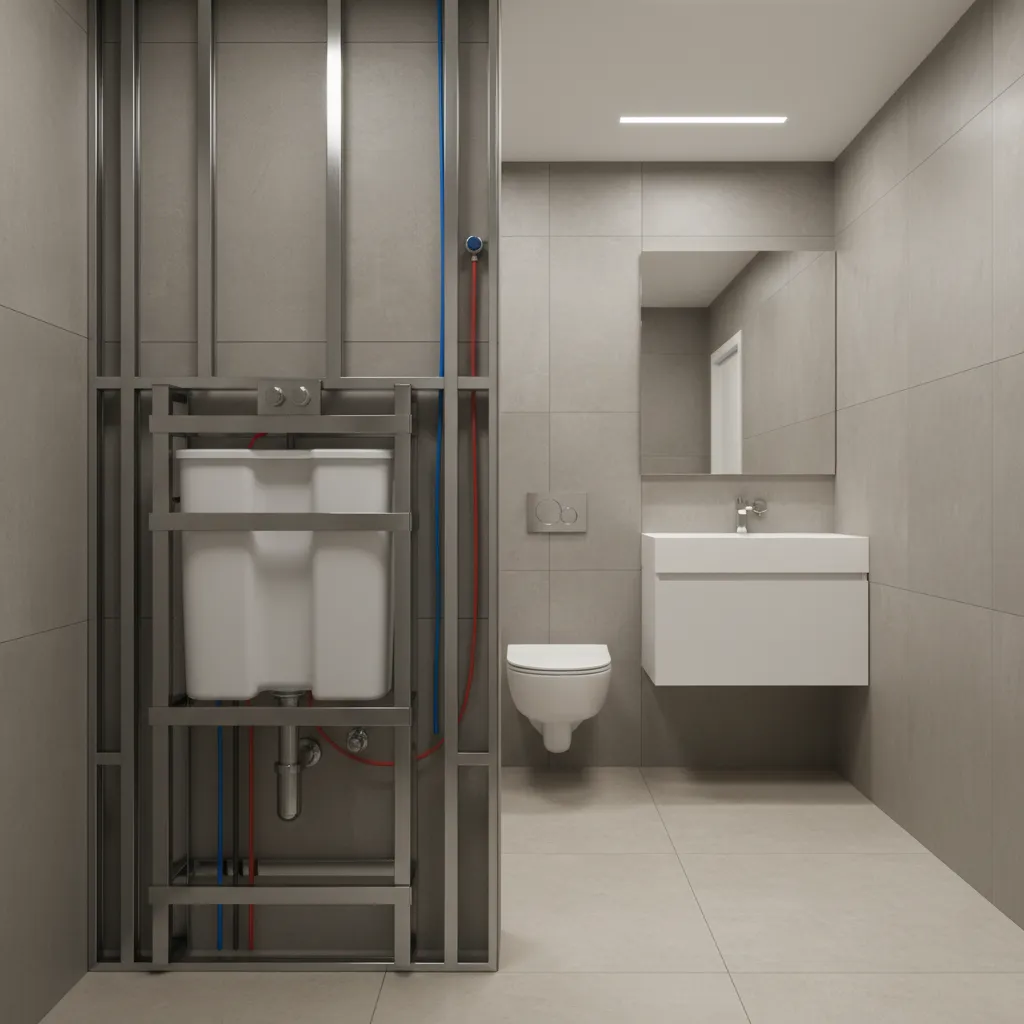 Wall mounted toilet with concealed water tank frame inside bathroom wall structure