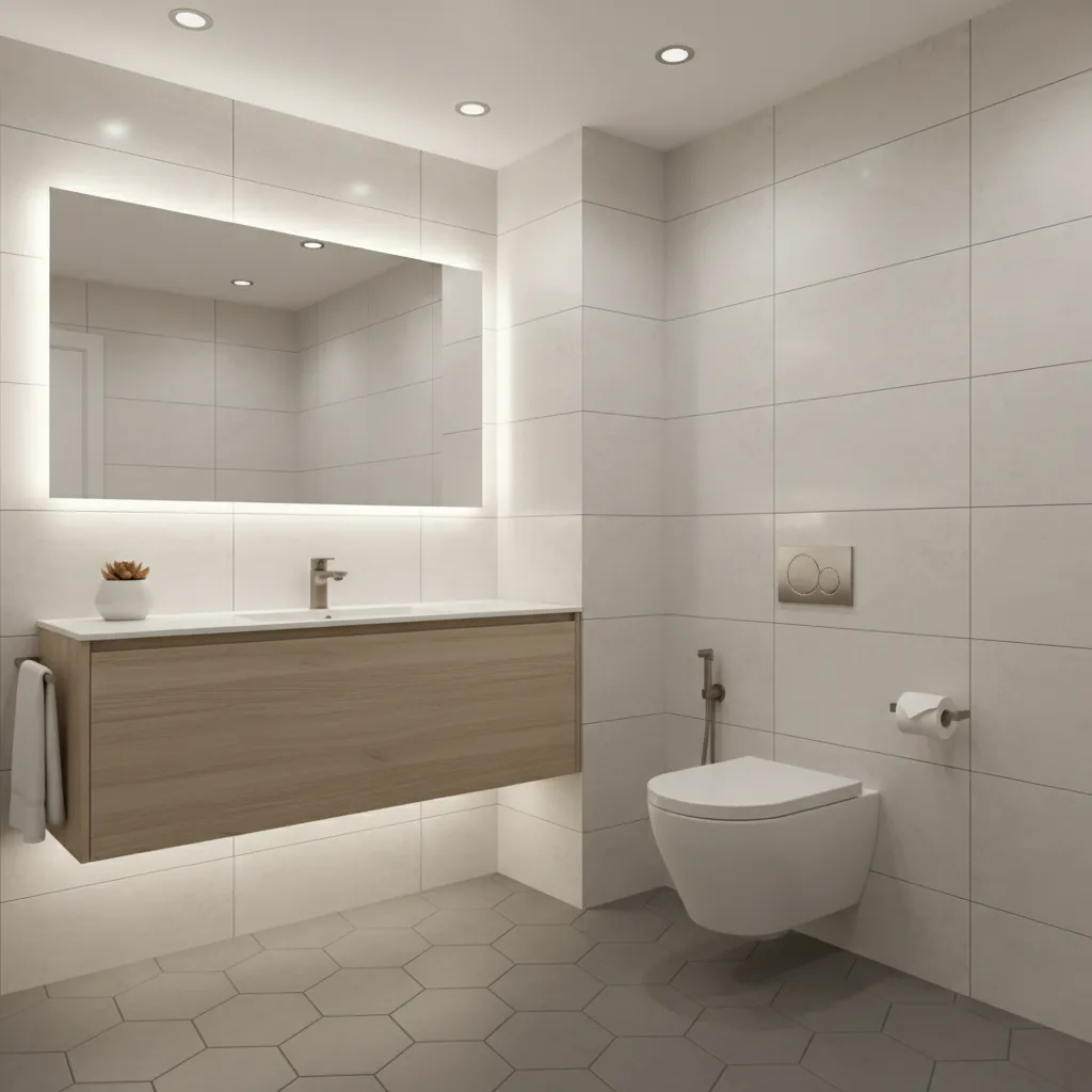 wall mounted toilet design in a small bathroom saving floor space