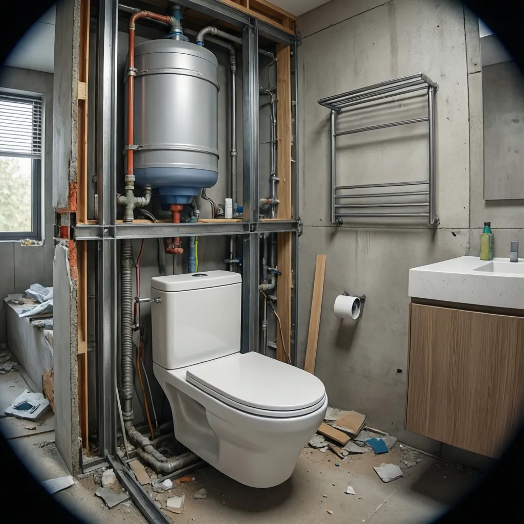 Wall mounted toilet frame with concealed water tank inside bathroom wall structure