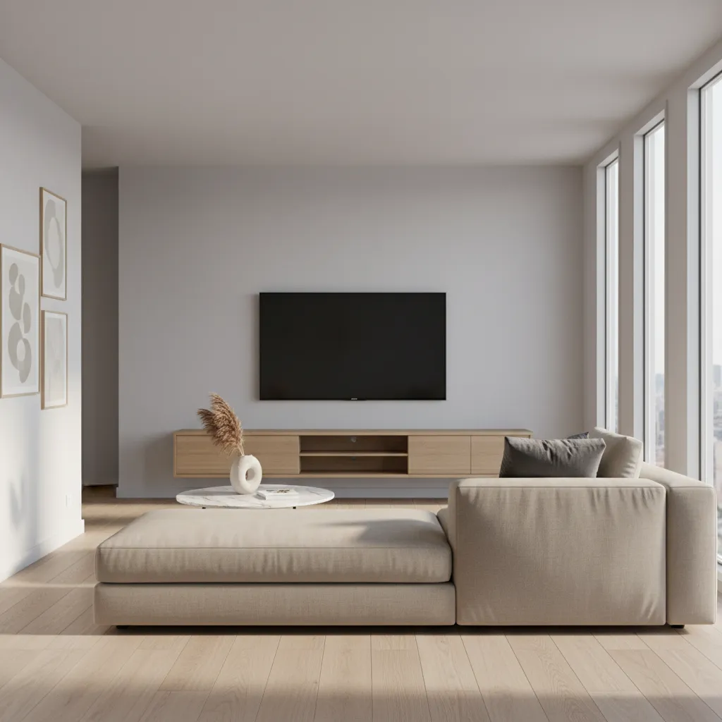 modern living room with wall mounted TV and floating media cabinet