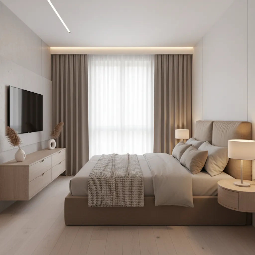 wall mounted TV above dresser in a compact bedroom layout