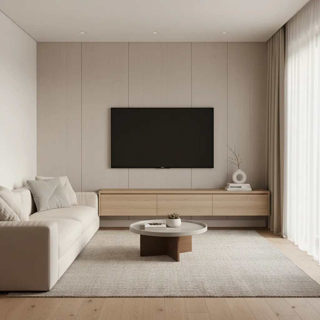 Wall mounted TV with floating media console in small living room