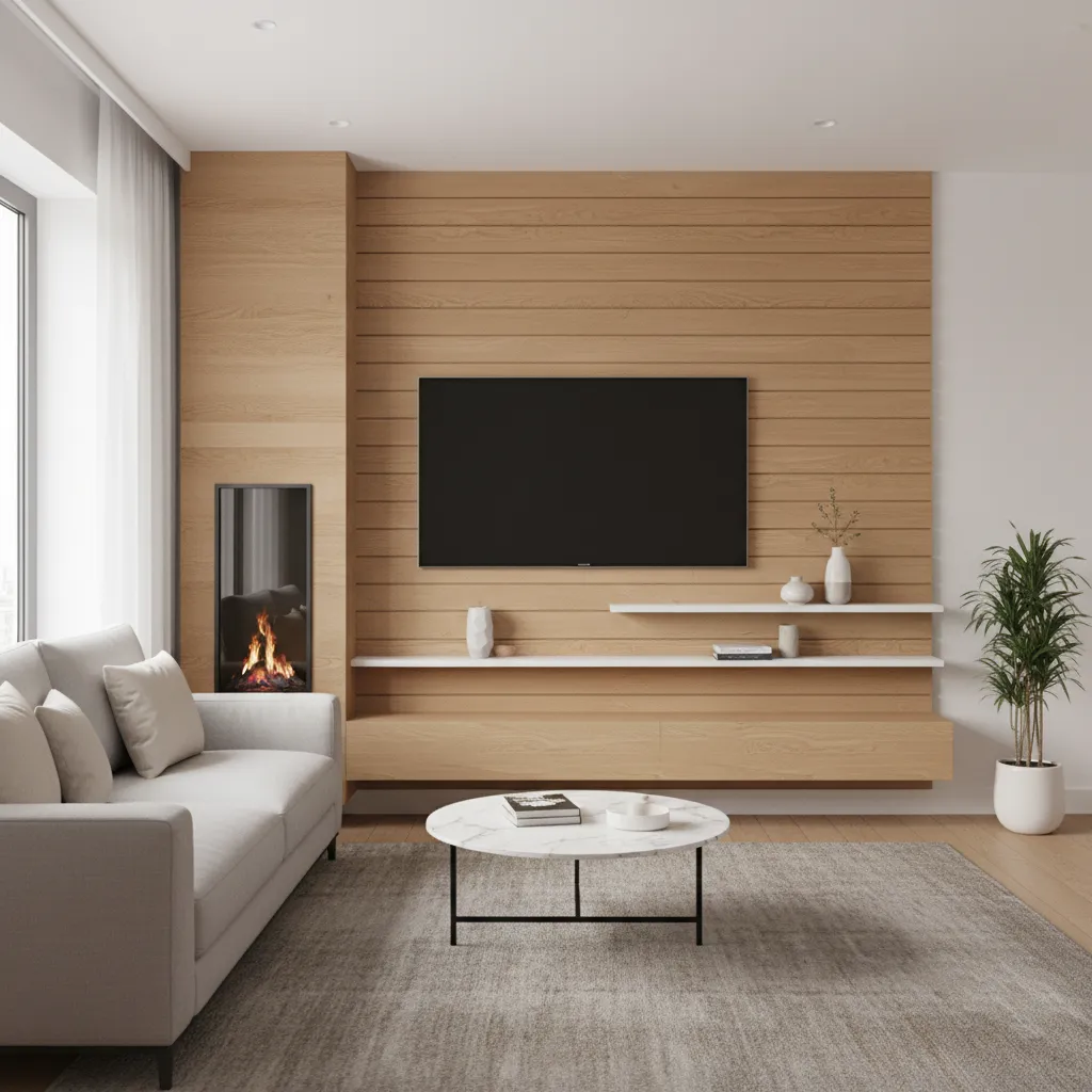 Modern wall mounted TV design with shelves in a compact living room