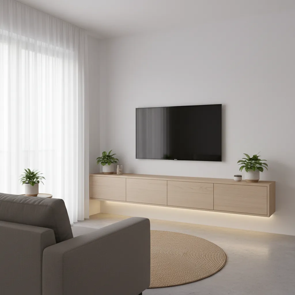 wall mounted TV stand with hidden storage in compact living room