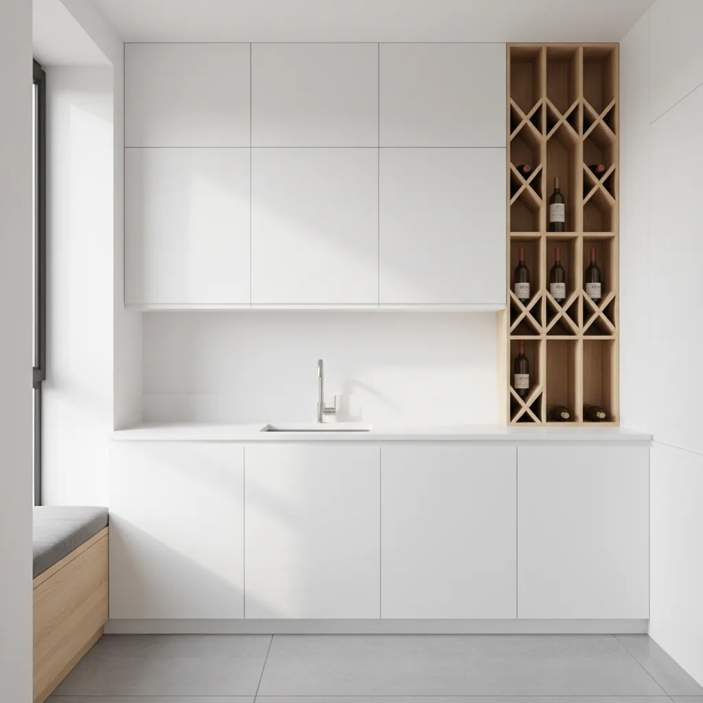 Small kitchen with vertical wall mounted wine rack beside cabinets