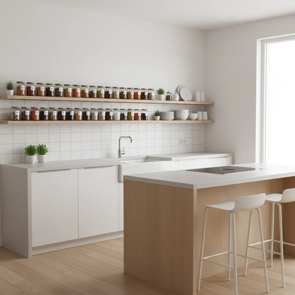 Wall mounted wooden kitchen rack with spices jars and plates in a bright kitchen
