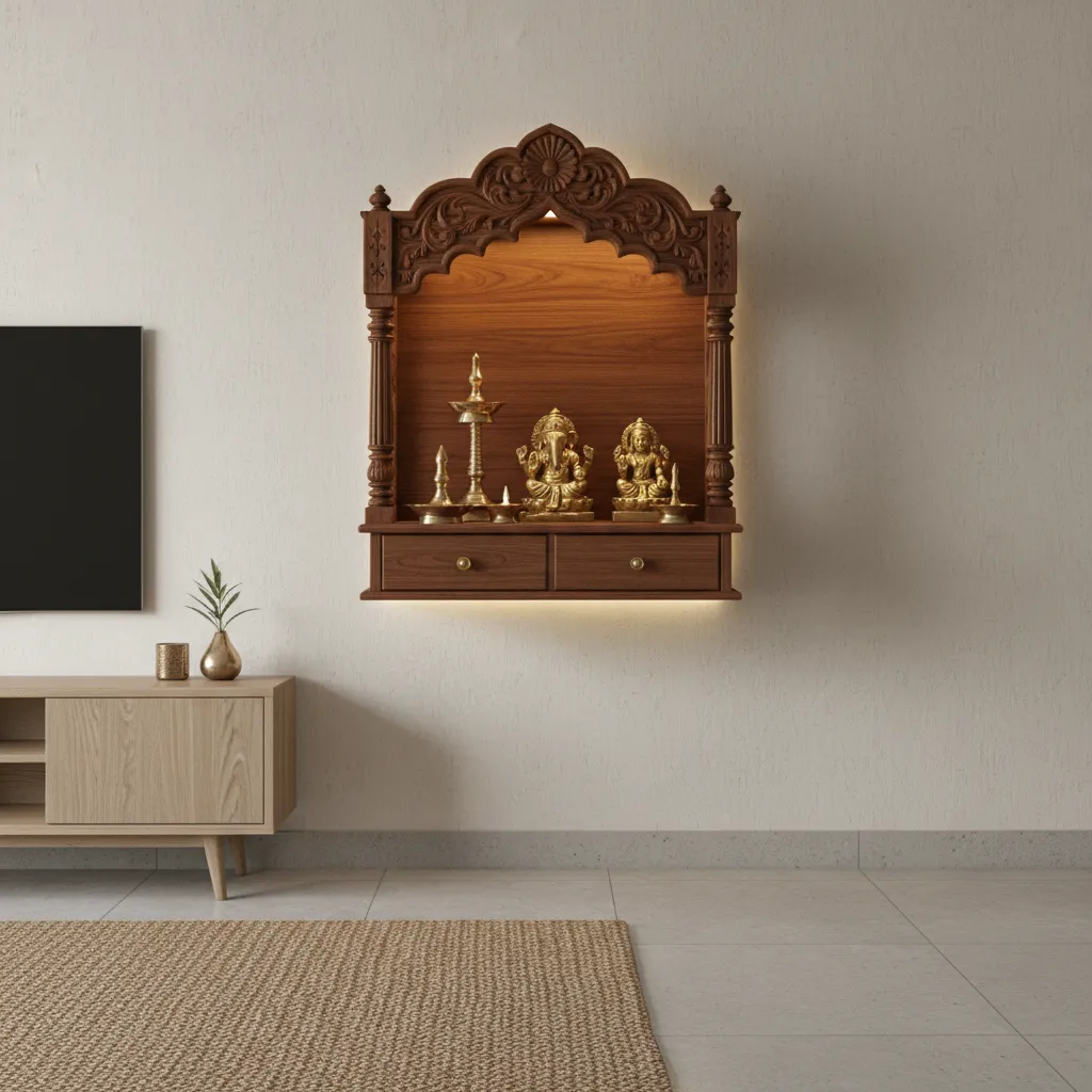 Wall mounted wooden pooja mandir design in a compact apartment living room