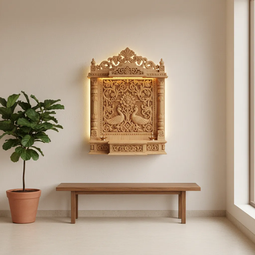 wall mounted wooden pooja mandir design with carved panel