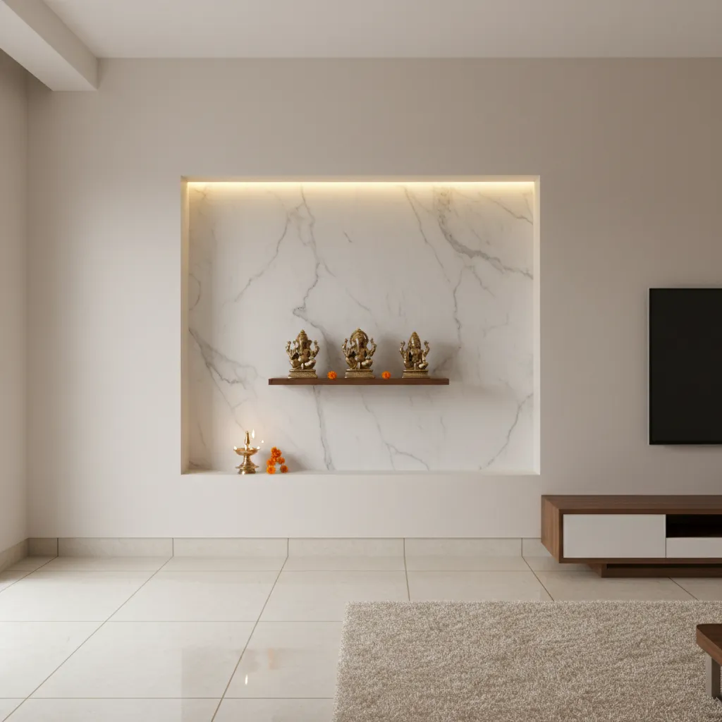 built in wall niche pooja space with marble backdrop and warm lighting