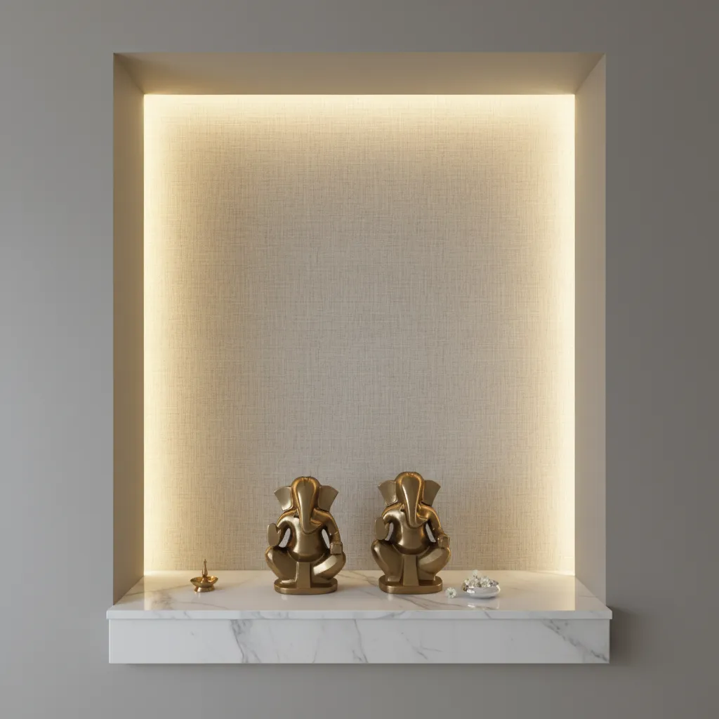 built in wall niche pooja mandir with marble base and soft lighting