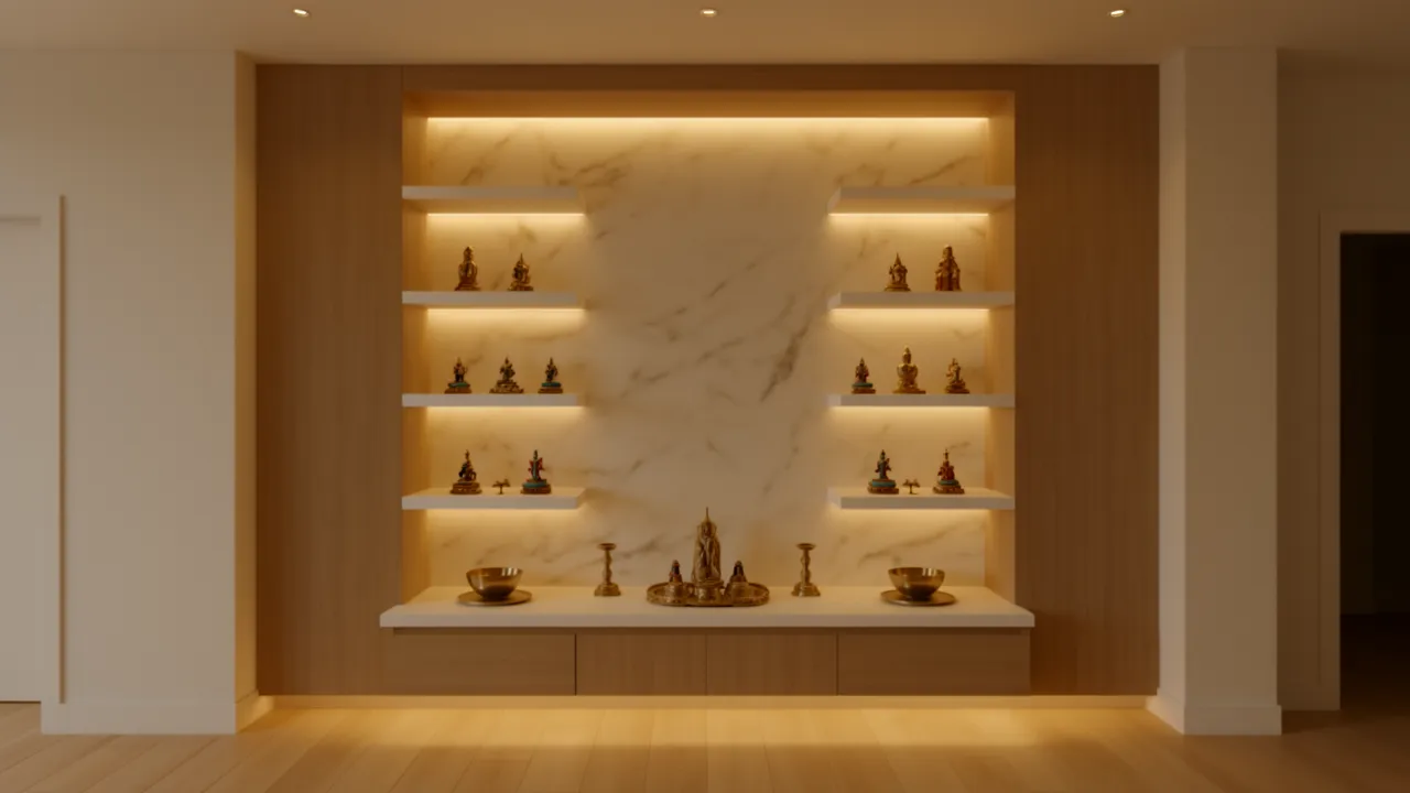 Built in wall niche temple with marble background and warm lighting