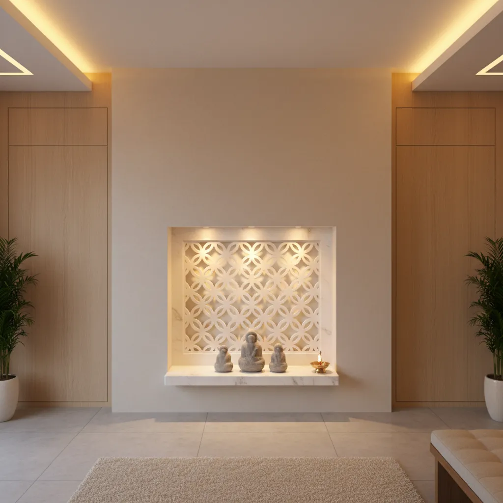 built in wall niche temple with backlit panel and marble shelf