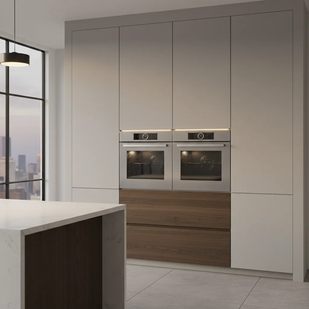 tall kitchen cabinet with wall oven and storage drawers