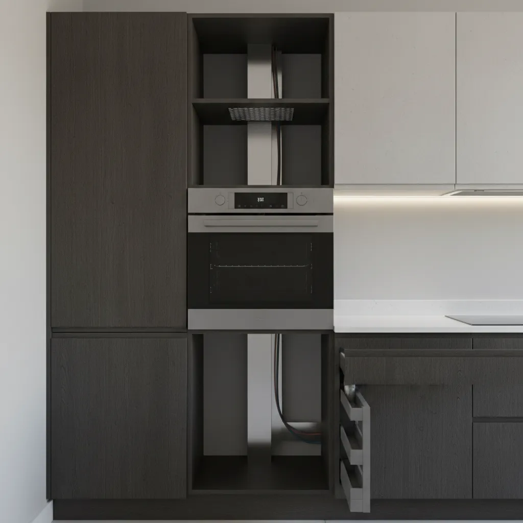 cabinet built in oven showing ventilation gaps and spacing