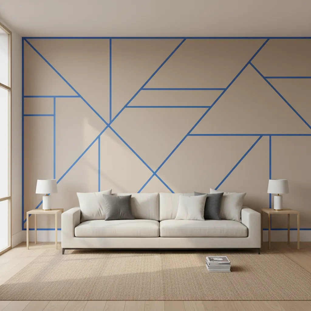 living room wall layout planning with taped geometric paint sections