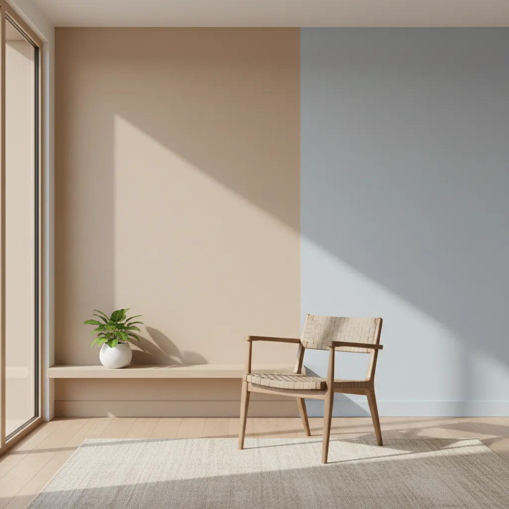 Minimalist room corner with beige and blue wall paint wooden chair rug and small plant