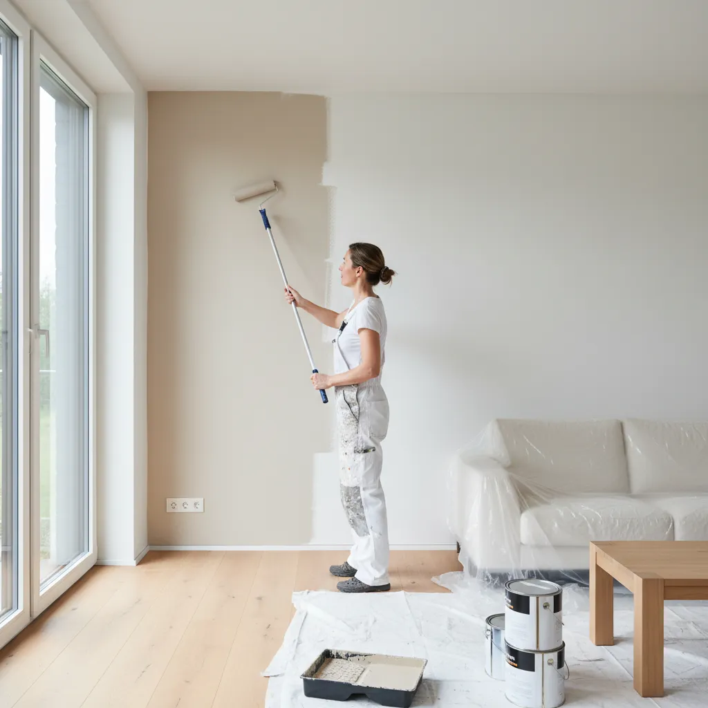 Profesional pintando una pared interior con rodillo