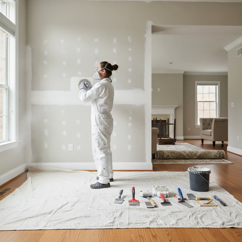 painter repairing drywall and sanding wall before interior painting