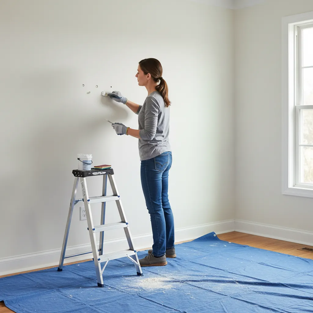 homeowner preparing interior wall by cleaning and patching holes before painting