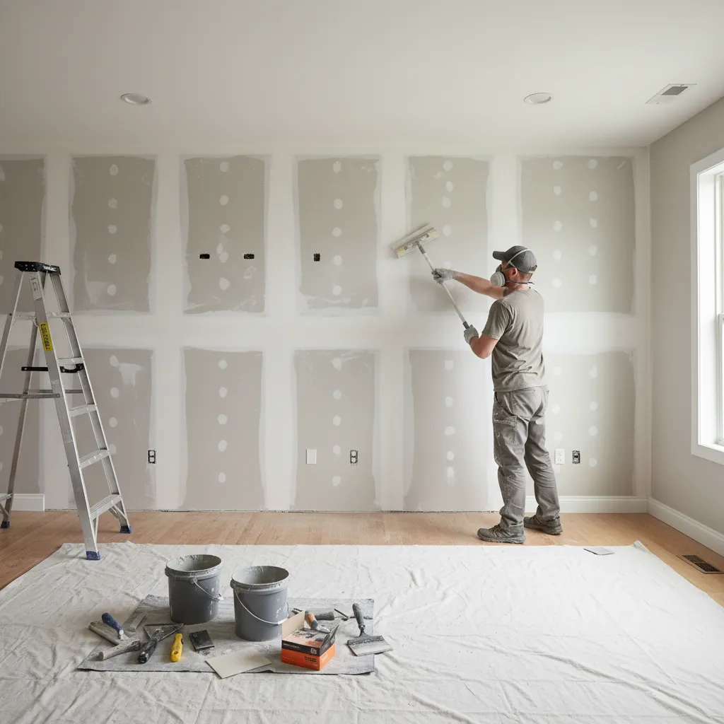 contractor sanding and preparing drywall before painting