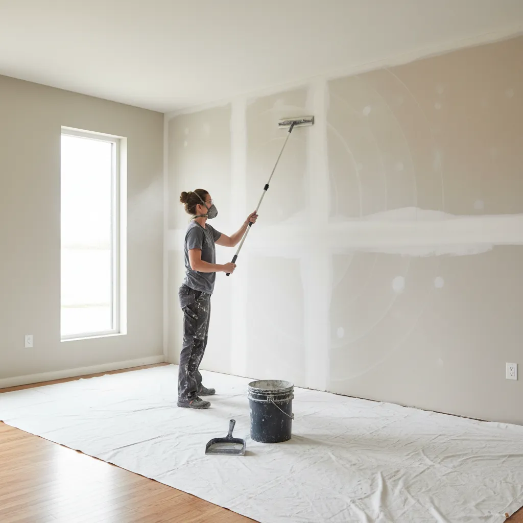 Homeowner sanding and preparing interior wall before painting