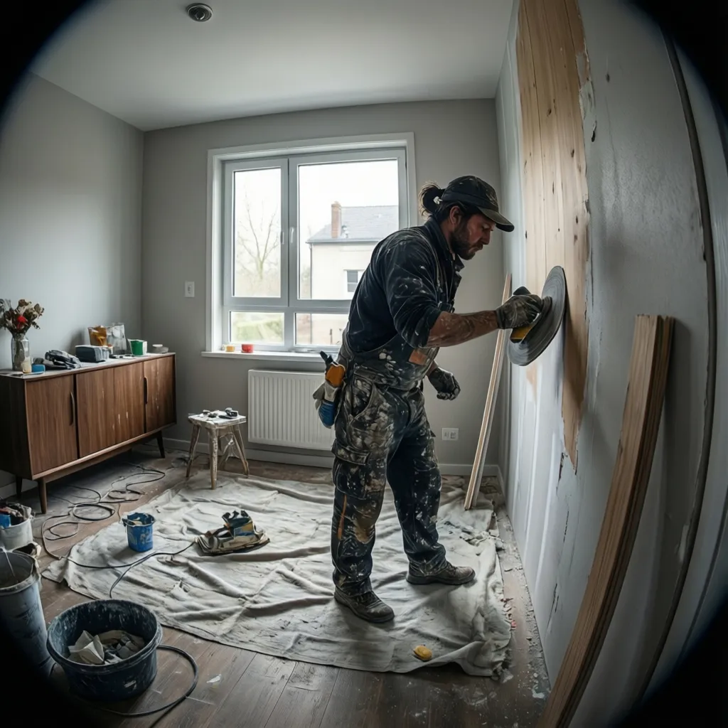 worker sanding and preparing interior wall before painting