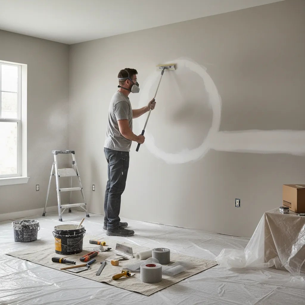 worker repairing drywall and sanding wall before interior painting