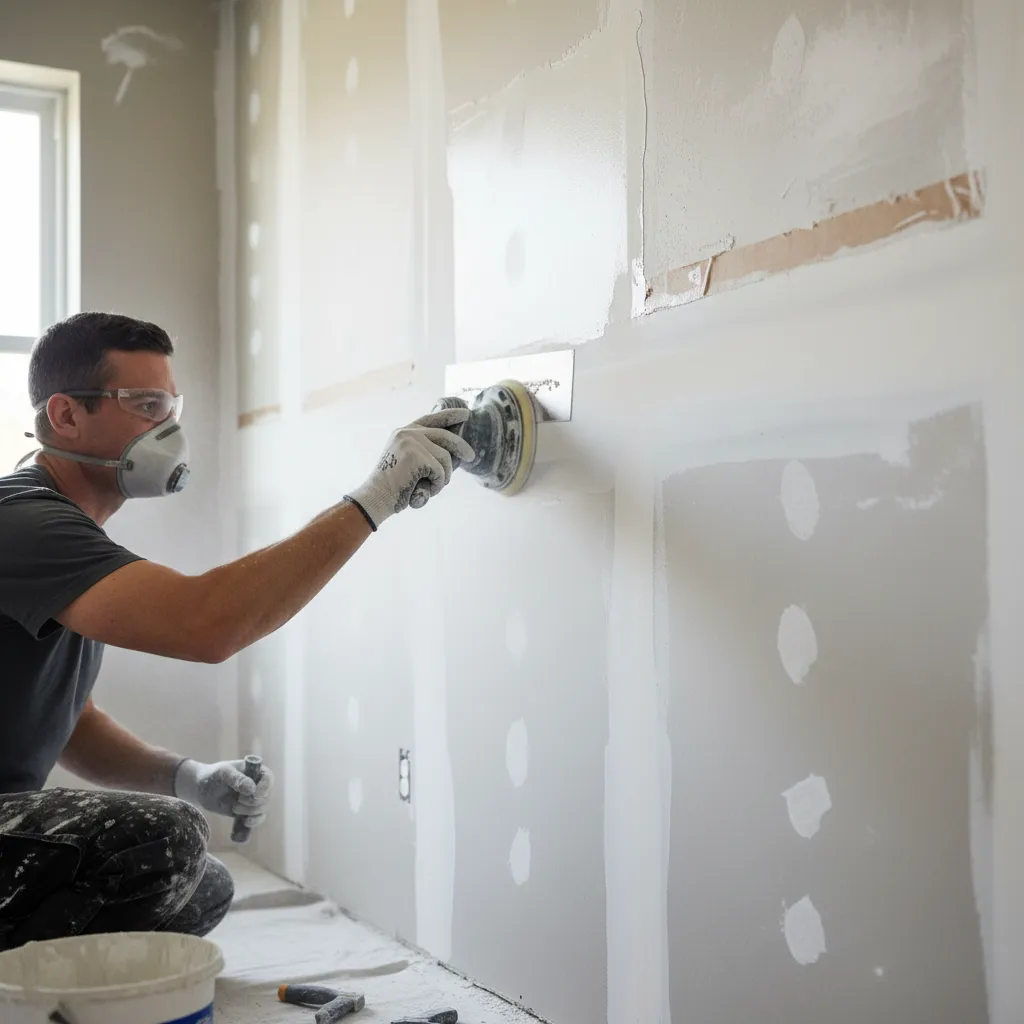 worker repairing drywall and sanding wall before interior painting