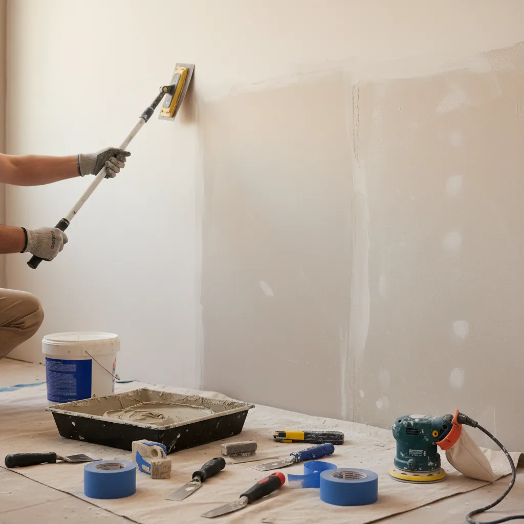 close view of wall preparation sanding patching before interior painting