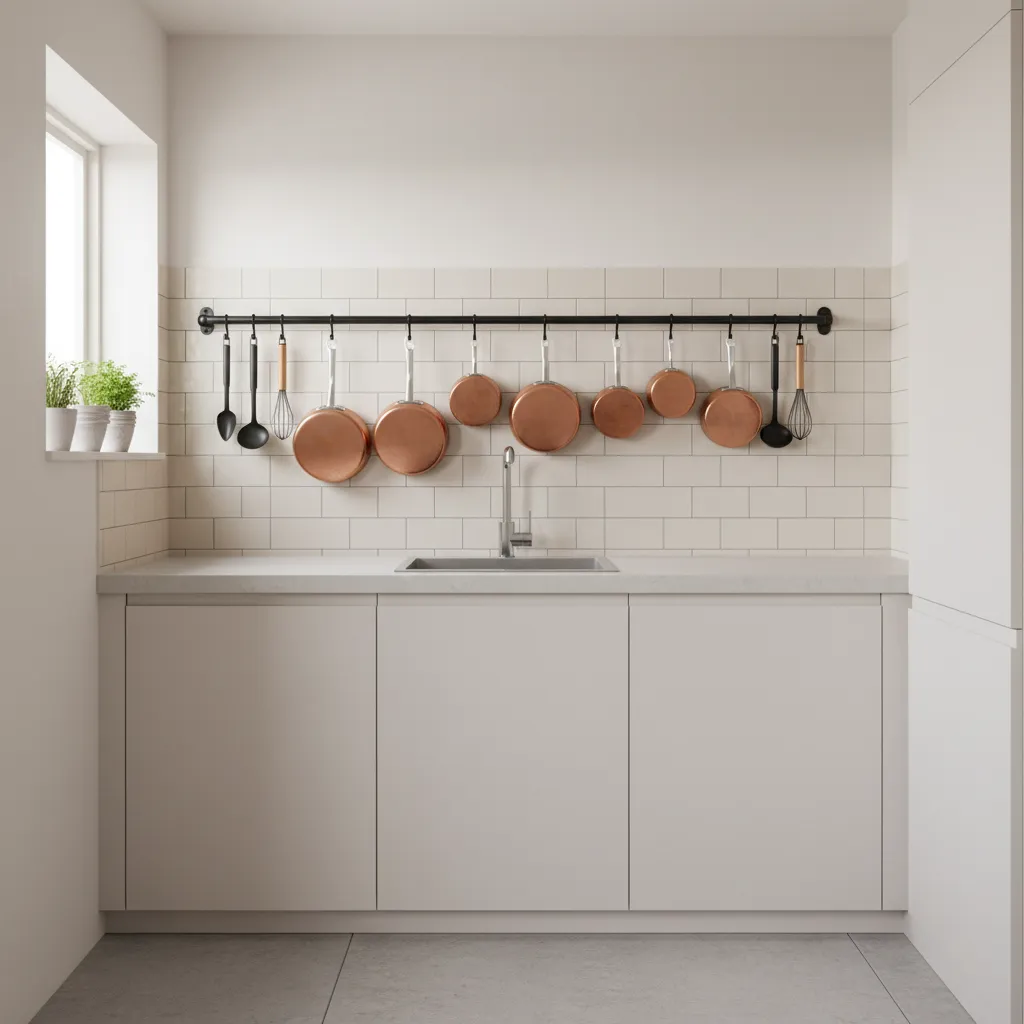 Wall rail hanging pot rack mounted along a kitchen backsplash