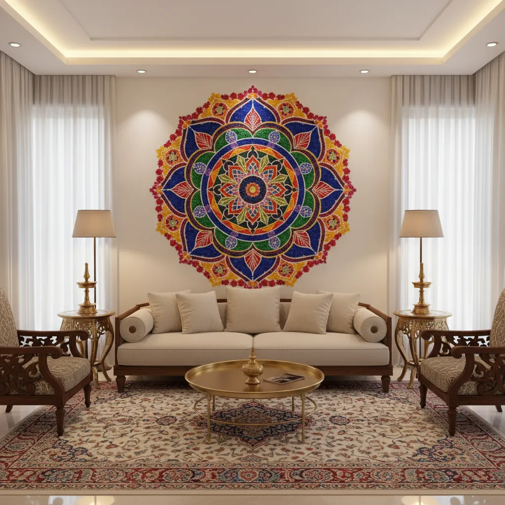 Decorative wall rangoli design in a living room using colorful paint patterns