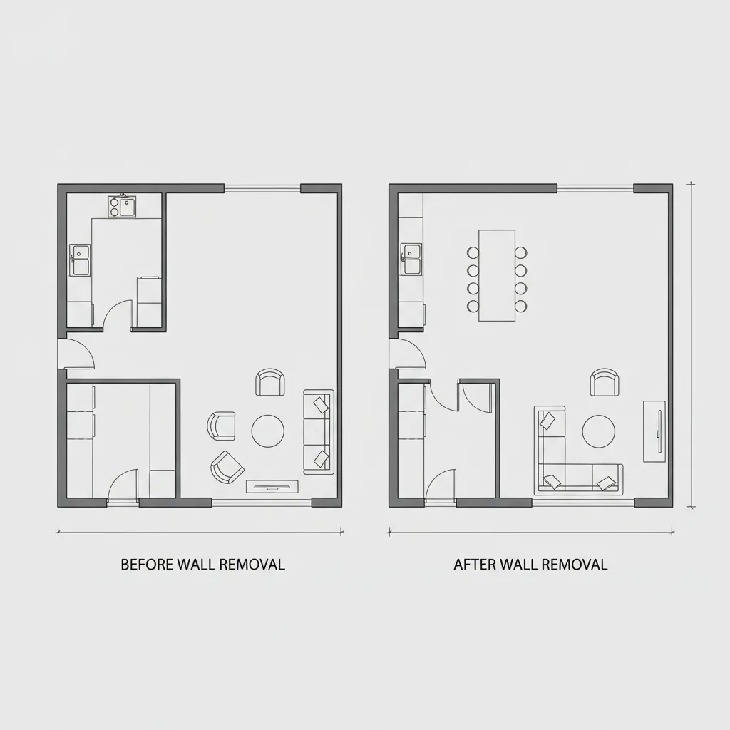 Side by side floor plan showing wall removed between kitchen and living room