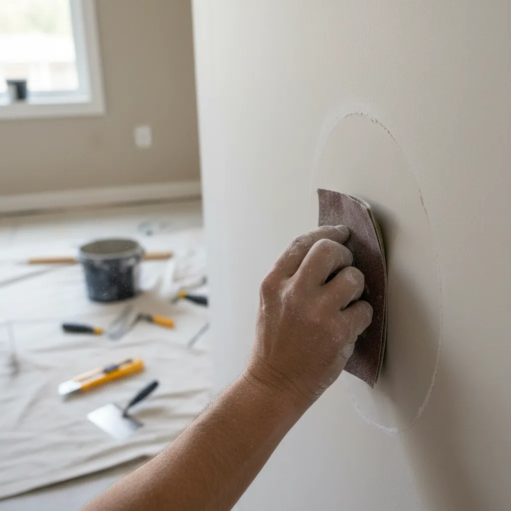 Close view of patched drywall being sanded before house painting
