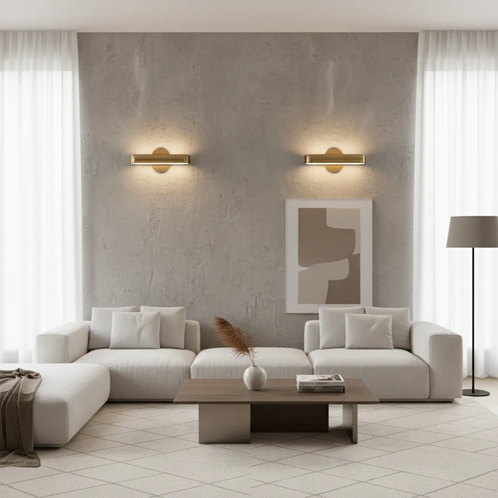 modern interior wall with decorative sconces creating warm ambient lighting