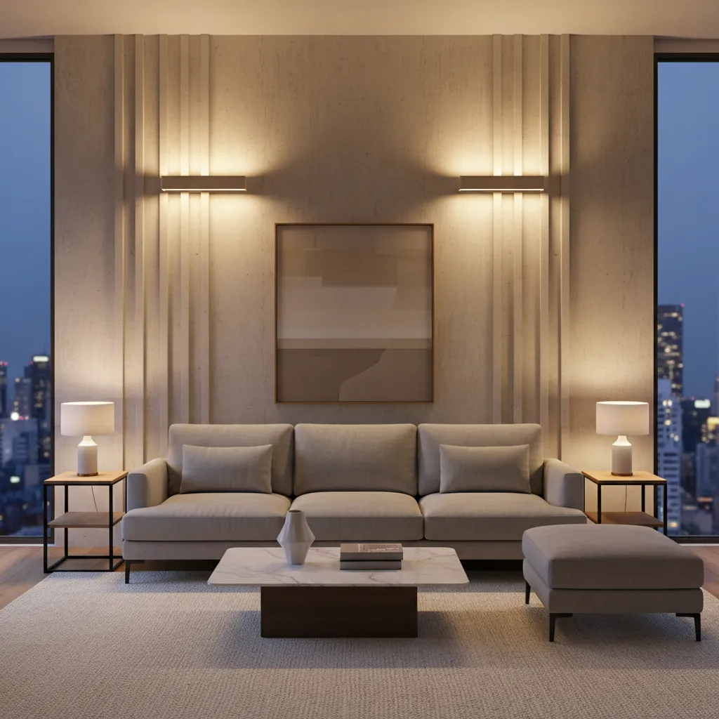 modern living room with wall sconces providing warm ambient lighting