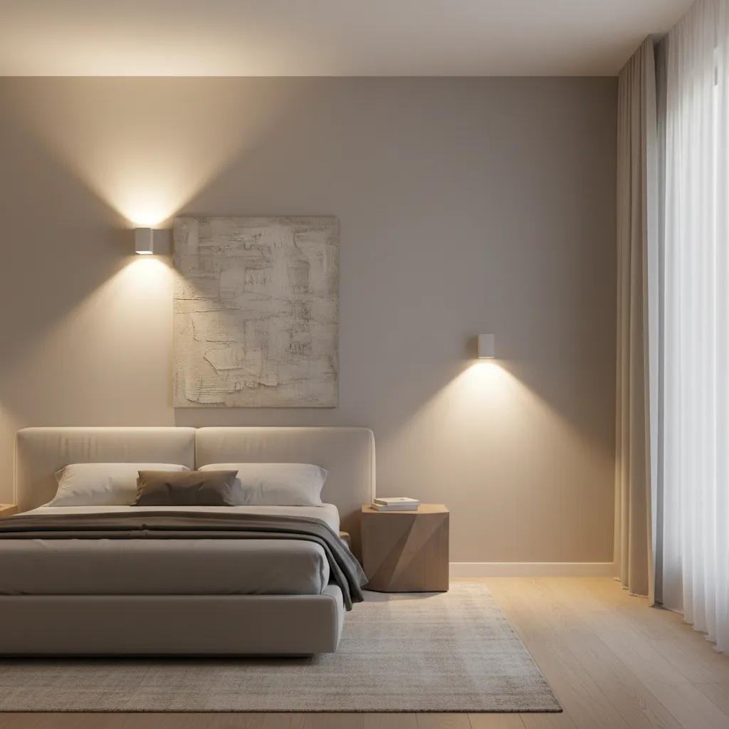 Bedroom wall showing uneven light spread from poorly positioned wall sconces