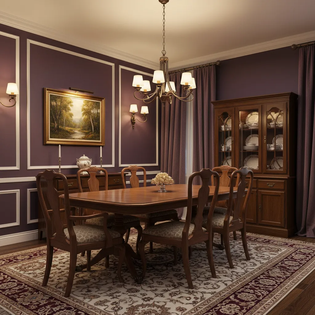 Traditional dining room with wall sconces illuminating deep purple walls