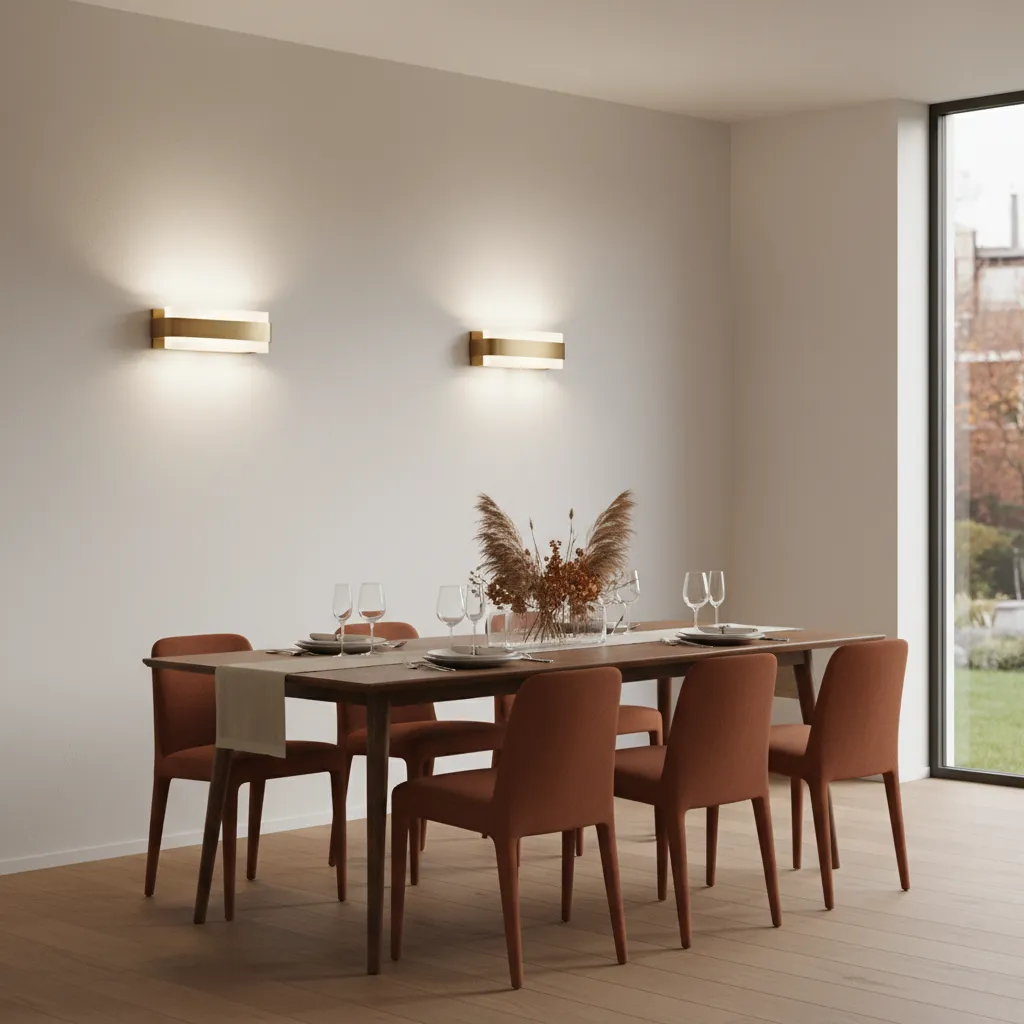 modern dining room with wall sconces creating indirect lighting