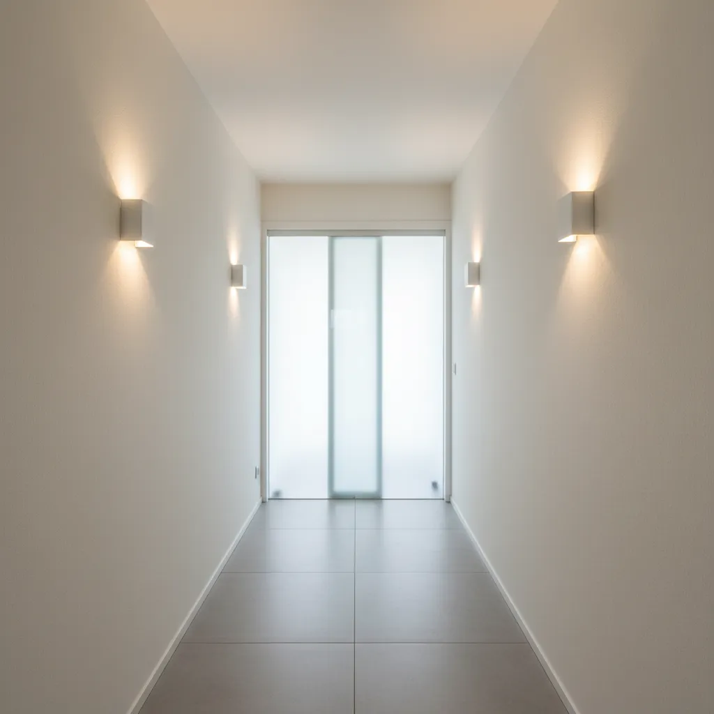 Wall sconces lighting a narrow hallway to visually widen the space