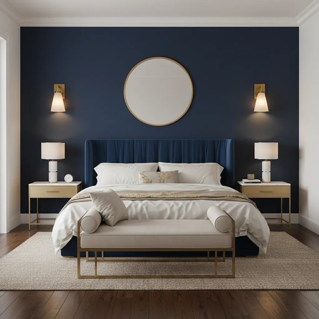 Gold wall sconces casting soft light across navy blue walls