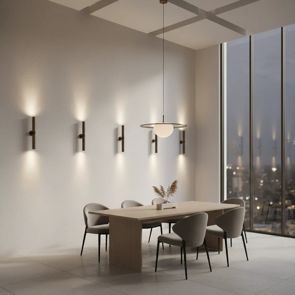 Tall dining room wall illuminated by modern wall sconces