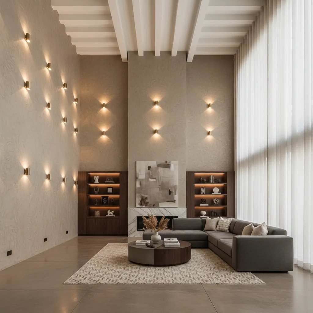 wall sconces and architectural lighting in a tall living room
