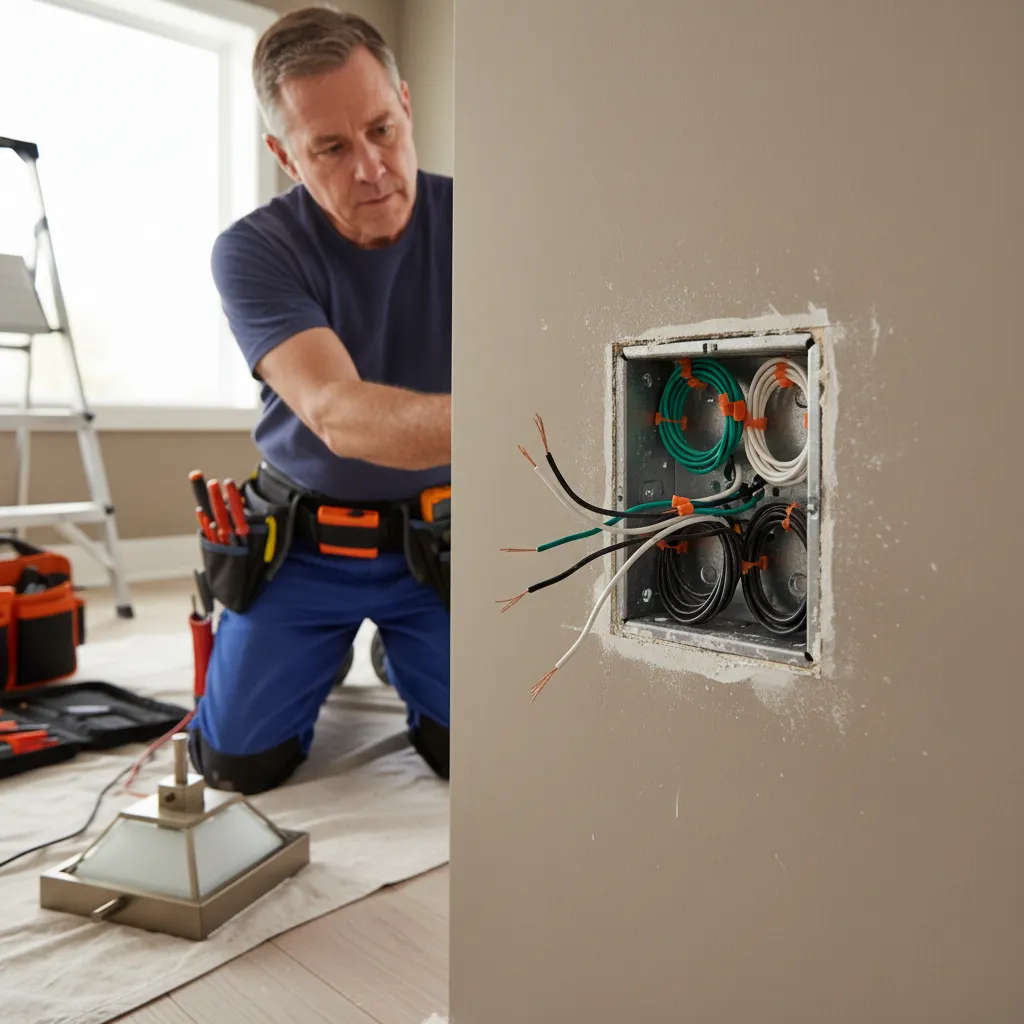 Electrician checking wiring behind a bedroom wall sconce fixture