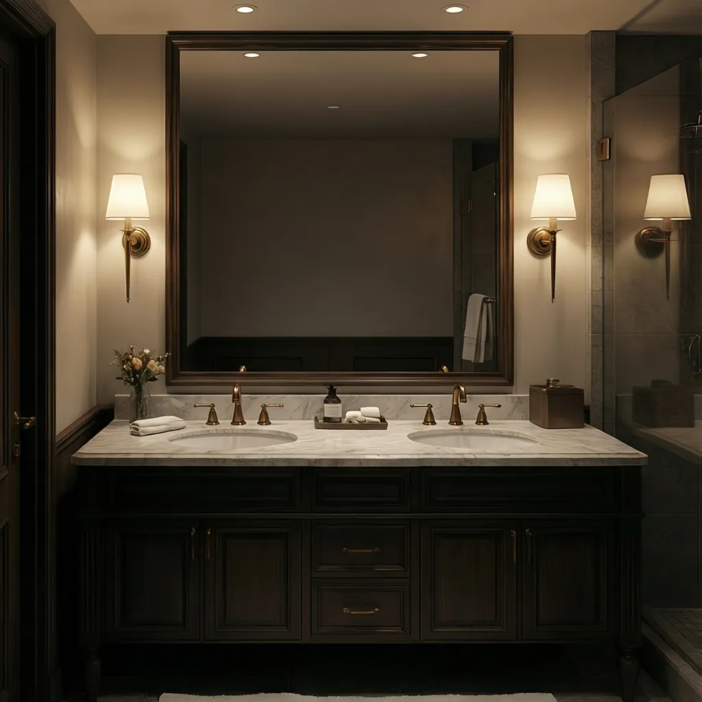 Bathroom vanity mirror with wall sconces installed on both sides