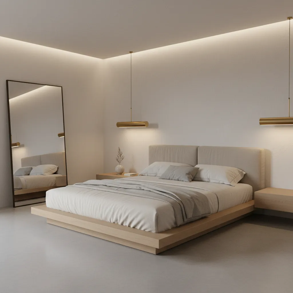 bedroom with platform bed and wall sconces designed for low ceiling