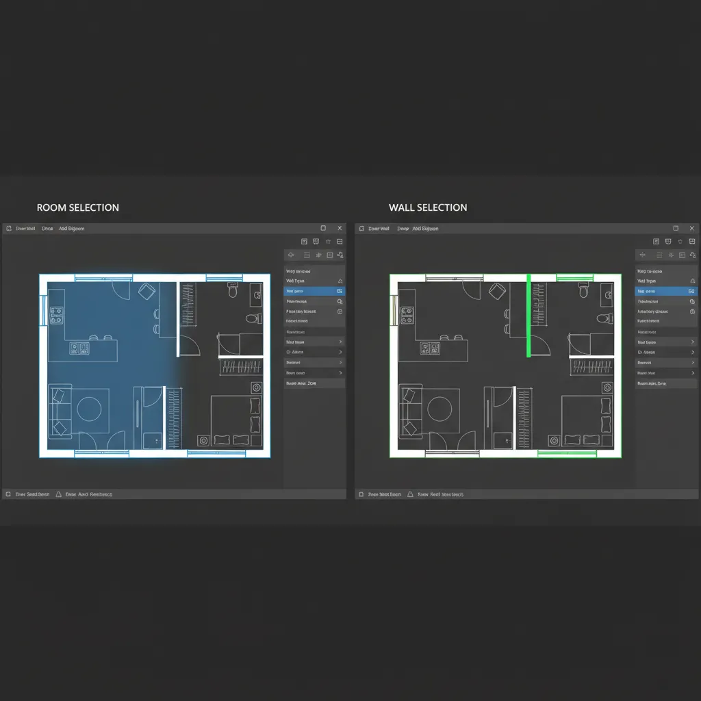 comparison showing selecting a room versus selecting a wall in a floor plan editor